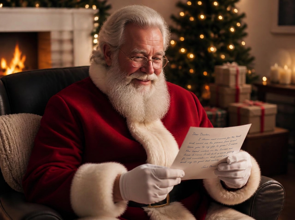 A modern Santa reading a child's letter in a warm, cozy setting